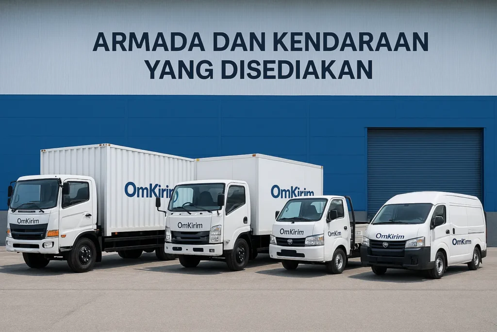 gambar armada omkirim, terdiri dari CDD box dan long box, blindvan, hingga pickup.